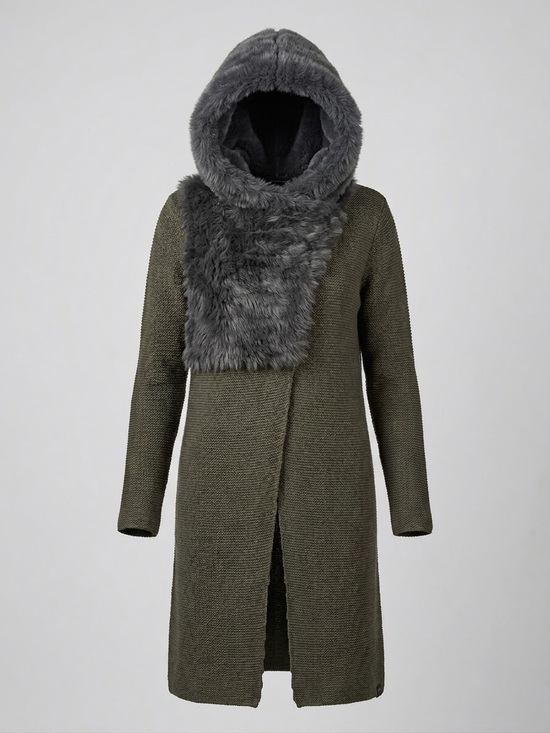 RUDSAK Sweaters - RUDSAK Olive Green Knit Longline Cardigan Real Fur Hood Duster Size Medium